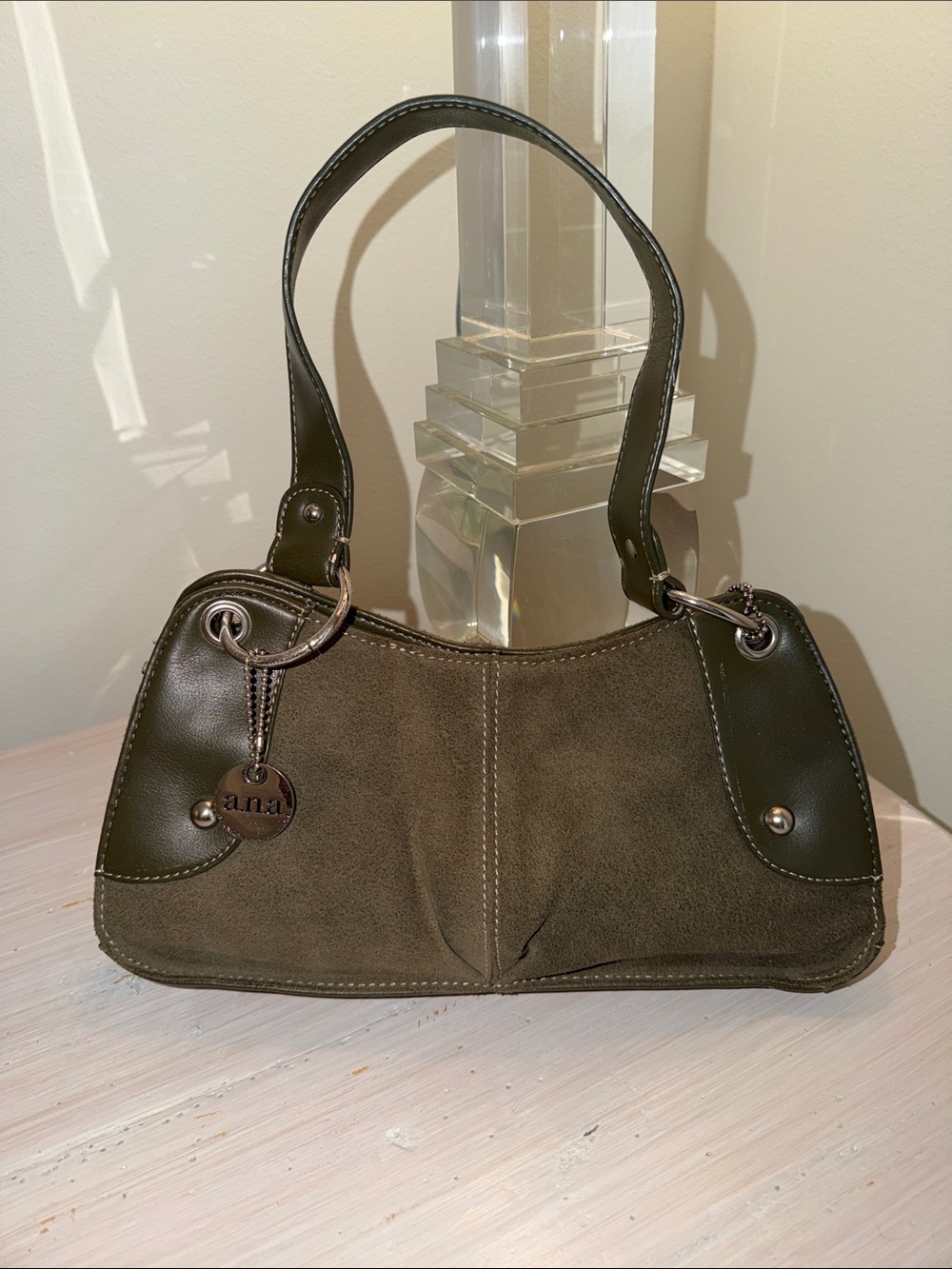 Olive Suede and Leather Accent Shoulder Bag
